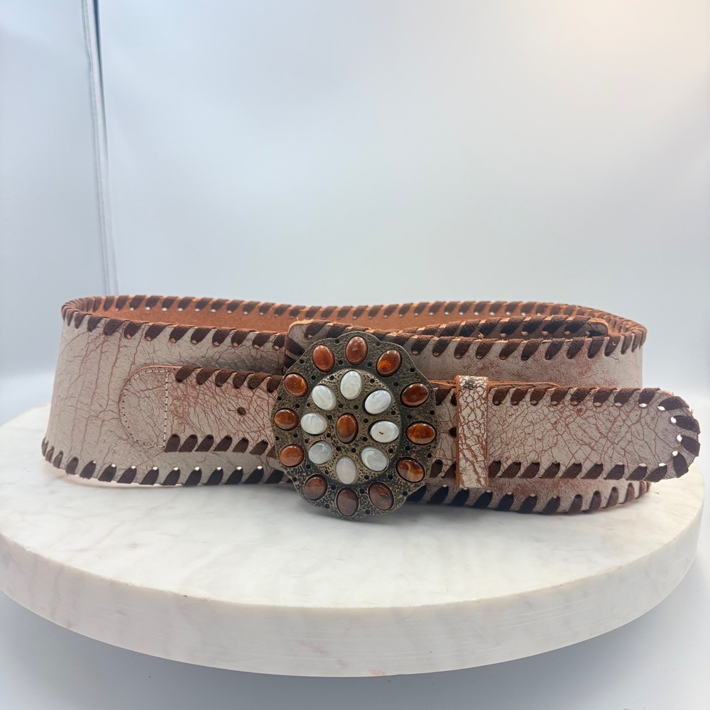 VTG Streets Ahead Wester Wide Waist Belt Women S Cream Leather Whipstitch Stones